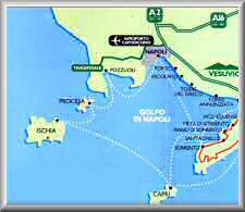 Cartina del golfo di Napoli con i collegamenti per l' isola d' Ischia - Hotel La Luna - Ischia 